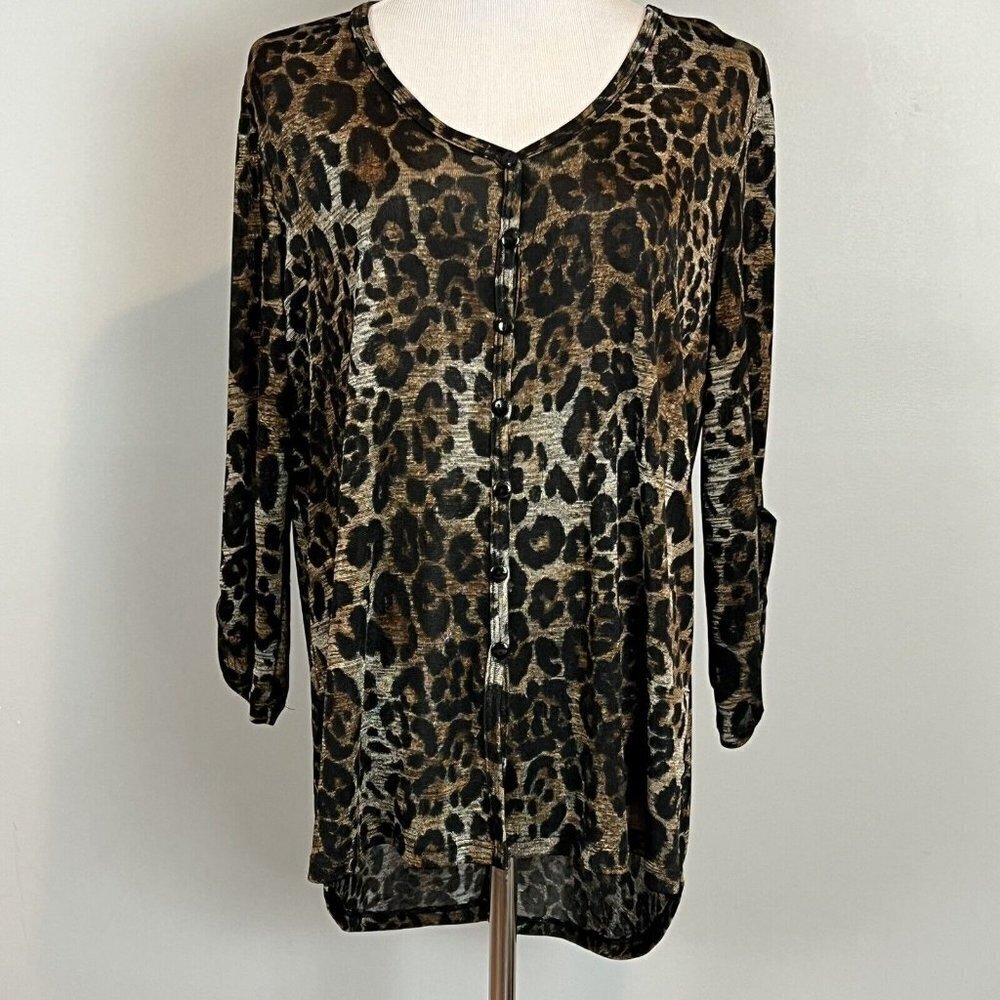CLARA SUN WOO Leopard Animal Print Button Down Tunic Top Size Large V Neck